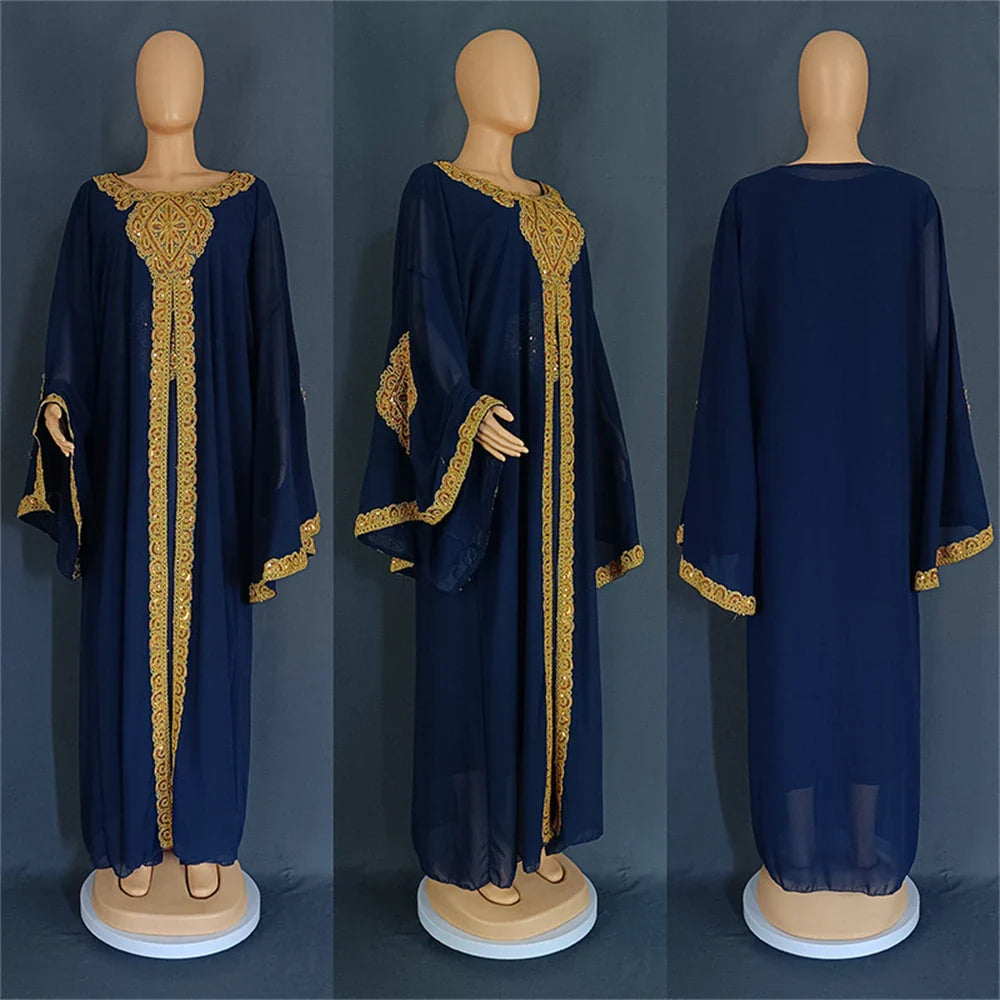 Two Piece Set Dress African Dresses for Women 2024 Traditional Gold Embroidery Clothing Islam Kaftan Abaya Musulman Robe Femme 06 Dark Blue One Size