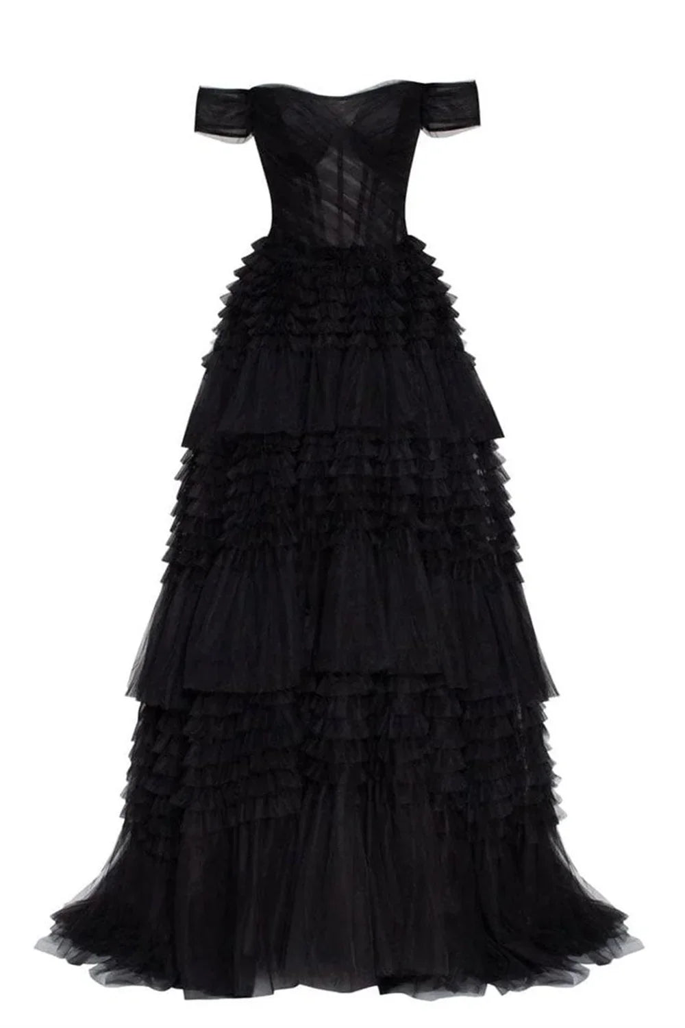 Sexy Off Shoulder Prom Dress Black Multilayer فستان حفلات الزفاف Luxury Ball Gown Tulle Puffy Robes De Soirée