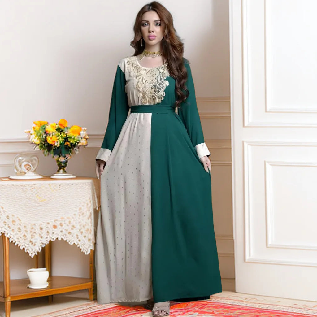 Dubai Abaya Caftan Kaftan Ramadan Gurban Festival Arabic Embroidery Decal Muslim Waist Robe Dress Middle East Wedding Abaya green