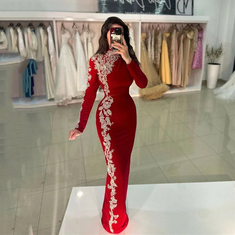 Mermaid caftan Evening Dresses High Neck Long Sleeves Elegant Beading Lace Women Prom Party Gowns