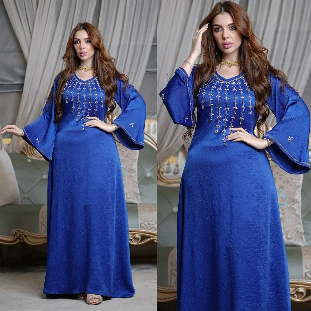 Muslin Dress Dubai Turkey New Dress Flare Sleeve With Diamond V-neck Loose Robe Ramadan Middle East Long Dress Elegant Evening