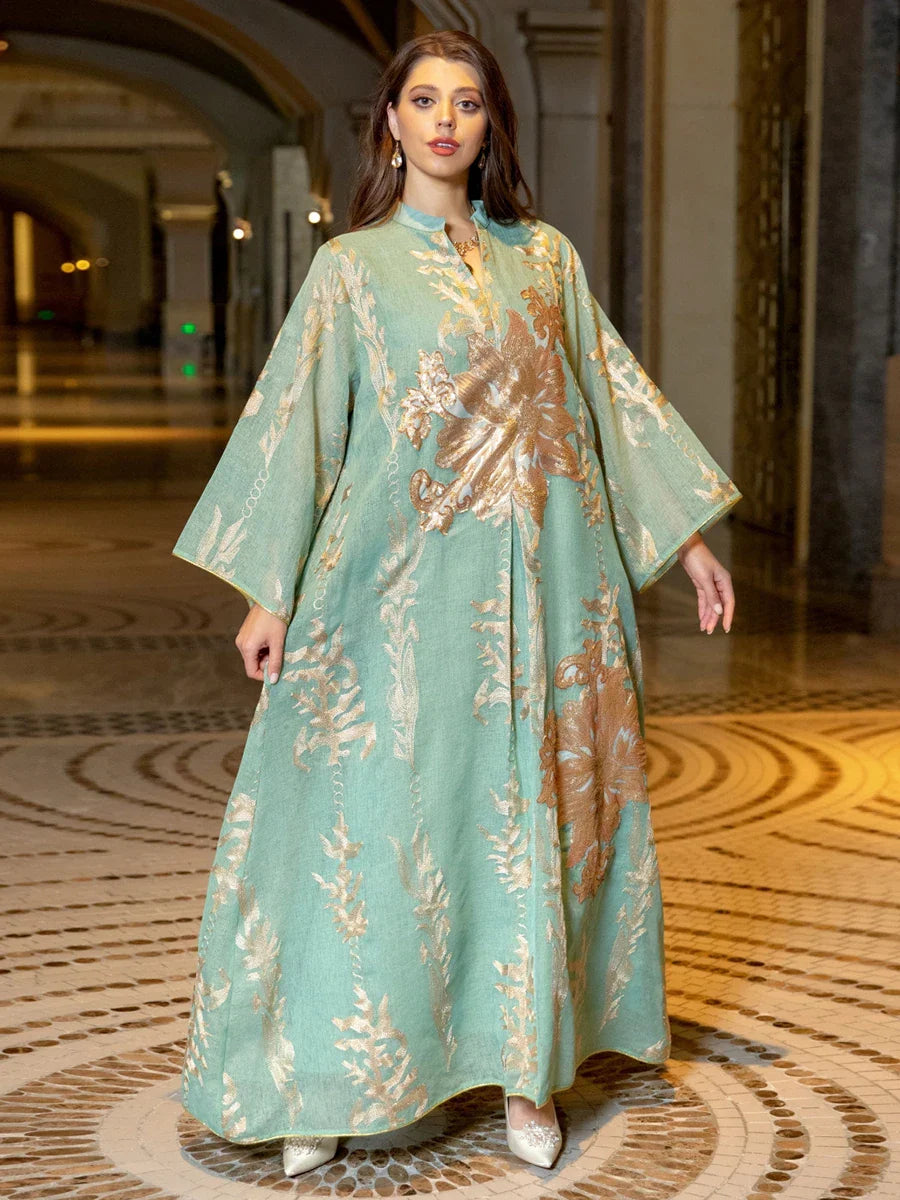 Sequins Embroidered Abaya Dress For Women Moroccan Kaftan Turkey Arabic Jalabiya White Islamic Ethnic Robe 2023 Eid New Light Green Dress