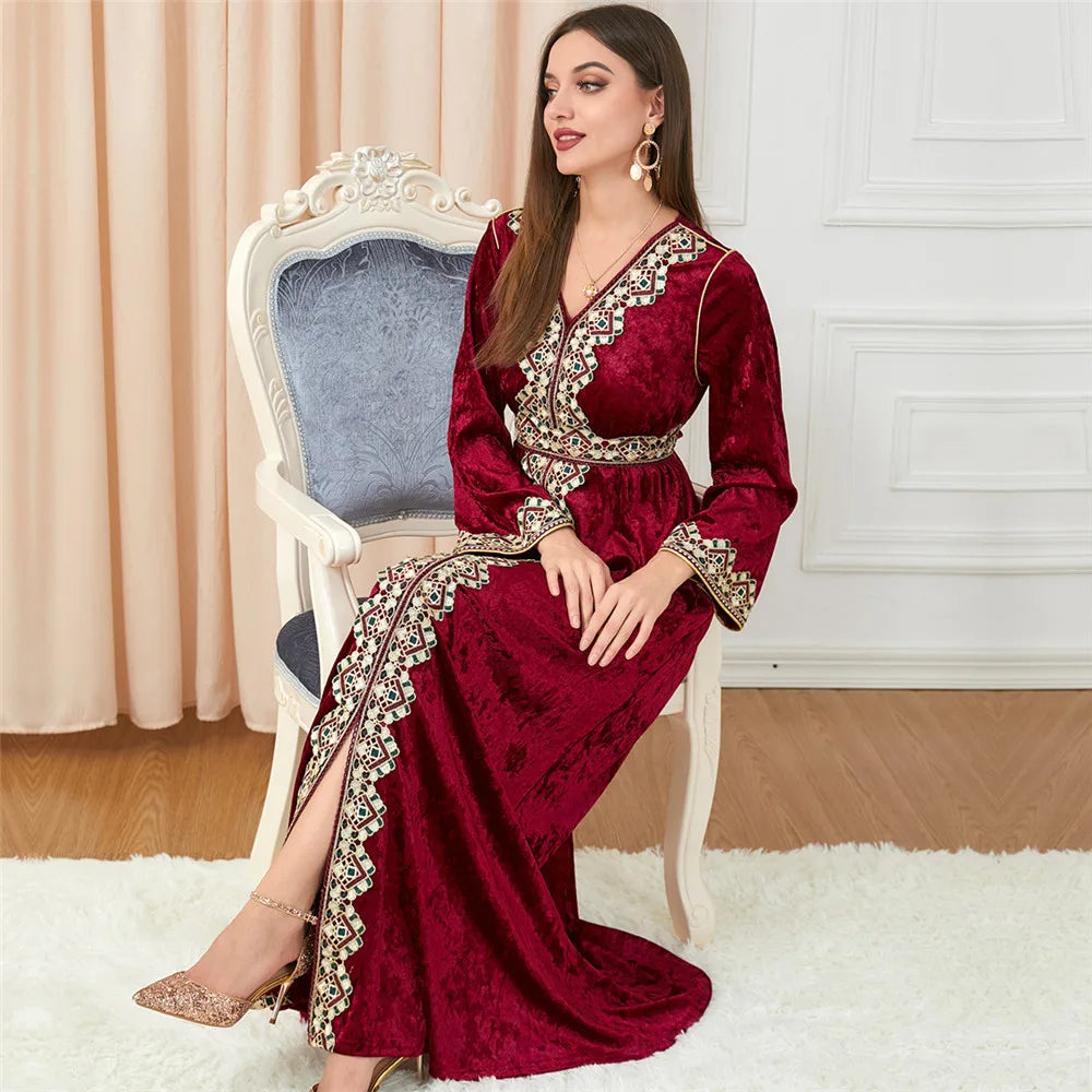 Velvet Autumn Winter Morocco Luxury Muslim Women Abaya V-neck Maxi Dress Turkey Arabic Islamic Kaftan Dubai Evening Party Kaftan