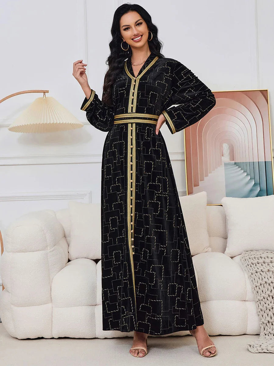 Autumn Winter Velvet Black Long Dress Gold Stamping Long Sleeve V Collar Belted Abaya Jalabiyat Moroccan Dubai Kaftan Black Dress