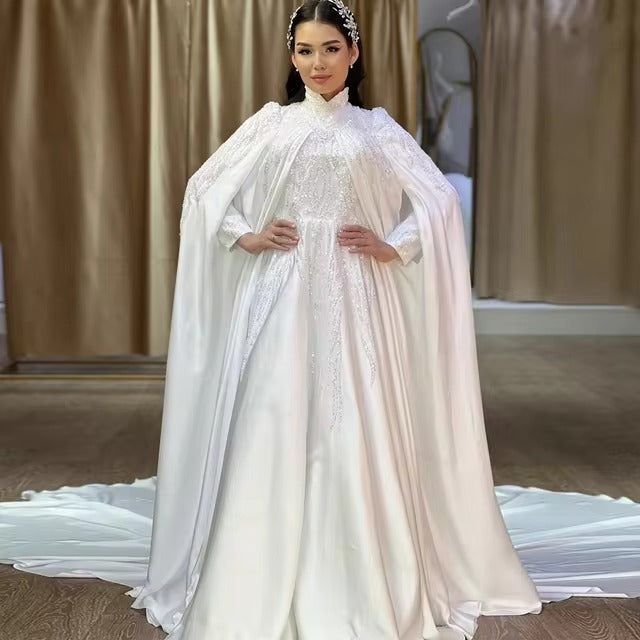 Luxury Satin Muslim Wedding Dresses with Cape Beading Sequined Long Sleeve Bridal Gowns for Bride Robes De Mariée