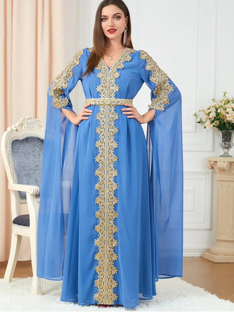 Chiffon Arabic Dresses for Women Extra Long Sleeve Moroccan Kaftan Embroidery Appliques Evening Party Islamic Kaftan Ramadan