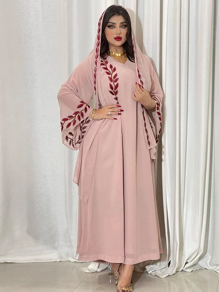 Fashion Chiffon Floral Embroidered Abaya Hijab Dress for Women Pink V Neck Long Sleeve Loose Arabic Muslim Dubai Moroccan Caftan Pink Dress