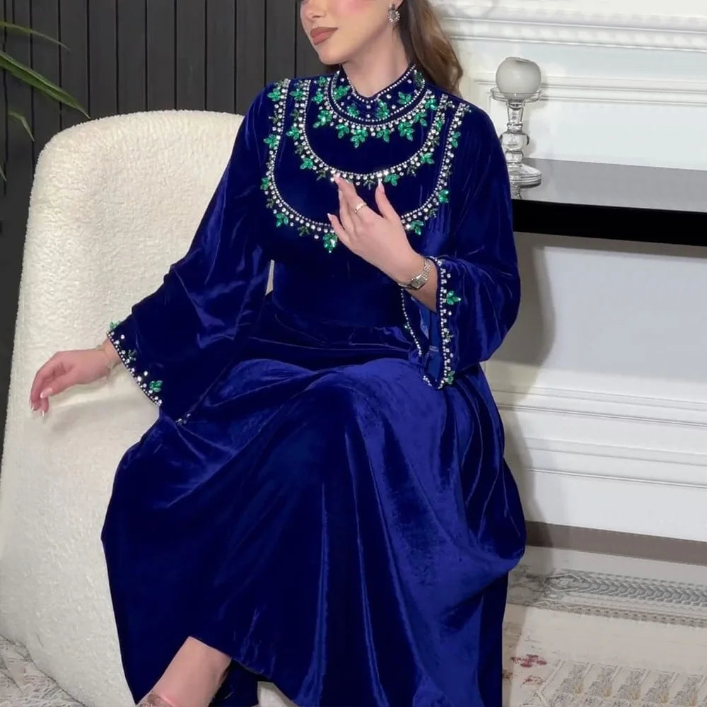 Velvet Autumn Winter Morocco Luxury Muslim Women Abaya V-neck Maxi Dress Turkey Arabic Islamic Kaftan Dubai Evening Party Kaftan 066Blue