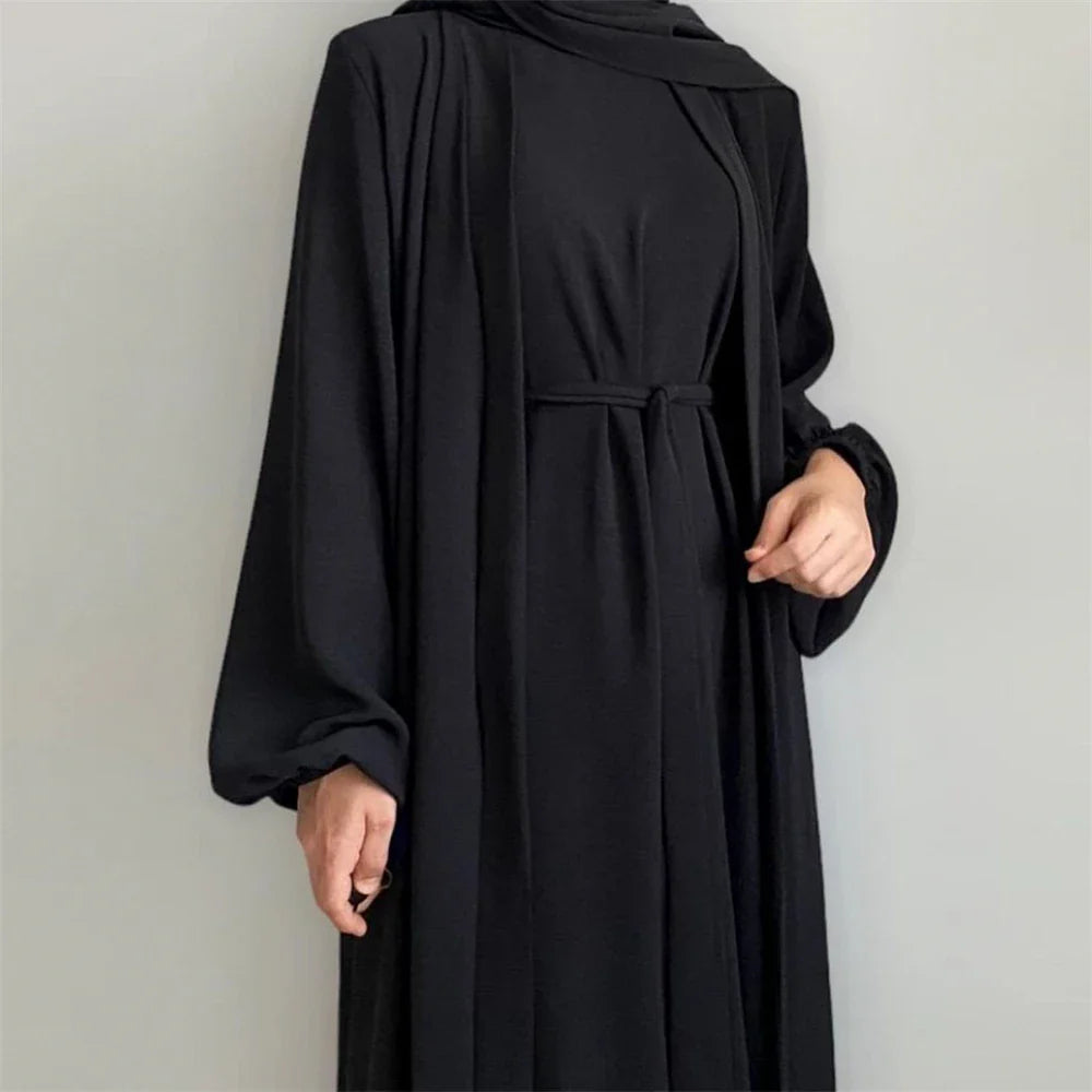 Eid Ramadan Muslim Women Open Abaya Kimono Inner Maxi Dress Hijab Sets 2/3 Pieces Dubai Islamic Arab Robe Kaftan Jalabiya Caftan 02 Black 2pcs