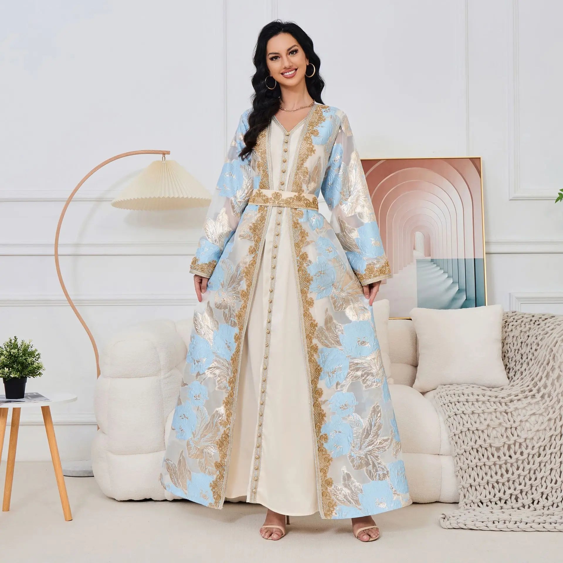 Moroccan Caftan 2 Pieces Set Muslim Dubai Abaya Kaftan For Wedding Women's New Flower Pattern Museum Long Dress Clothing