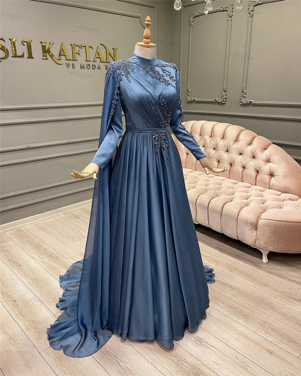 Elegant Arabic Muslim Women Formal Dress Full Sleeves Robes De Soirée A-Line Chiffon High Neck Dubai Caftan Evening Prom Dresses Blue