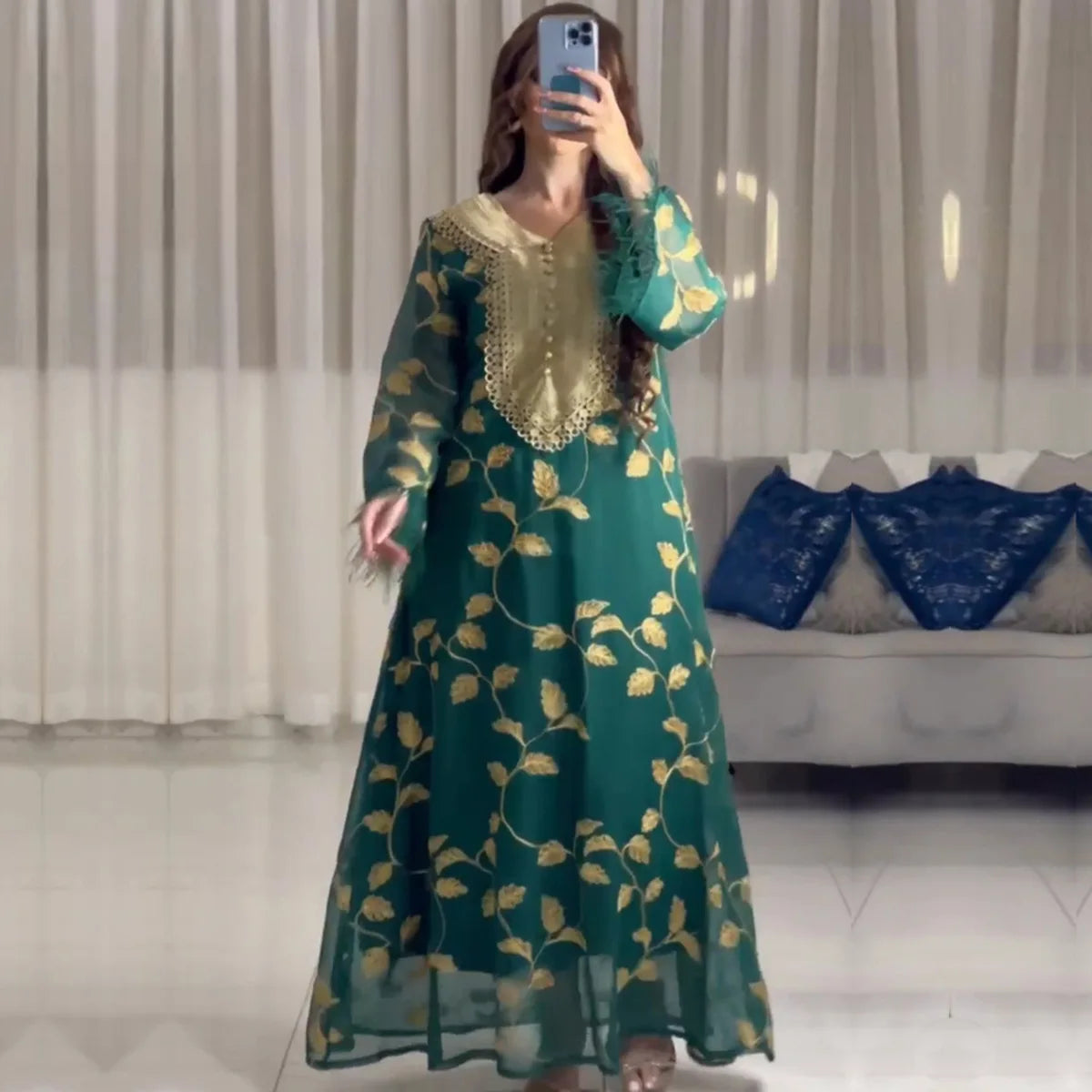 Abaya For Ramadan Gurban Festival Arab Dubai Embroiled Decal Dress Museum Waist Robe Muslim Middle East Abaya Women Clothing Green ocean