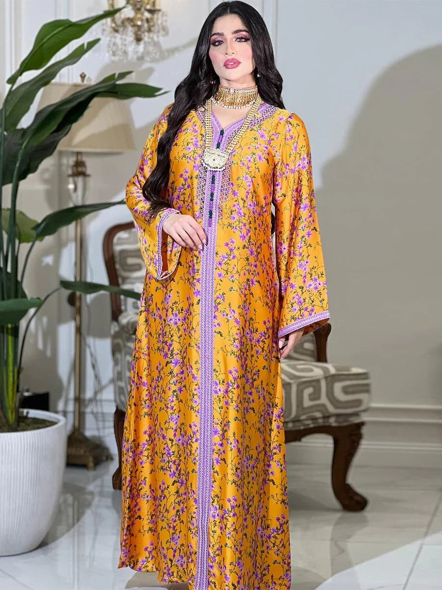 Kaftan Dubai Luxury Diamonds V-Neck Lace Tape Maxi Dress Chic Elegant Floral Print Muslim Turkish Party Evening Robe Clothing Orange Dress