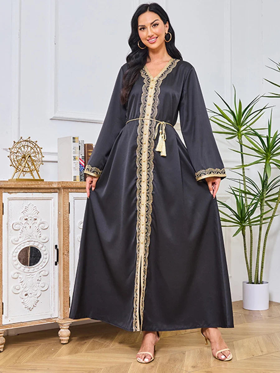 Modest Fashion Turkish Long Dresses Islamic Clothing For Women Embroidery Full Sleeve V-Neck Sashes Muslim Abaya Black Dress