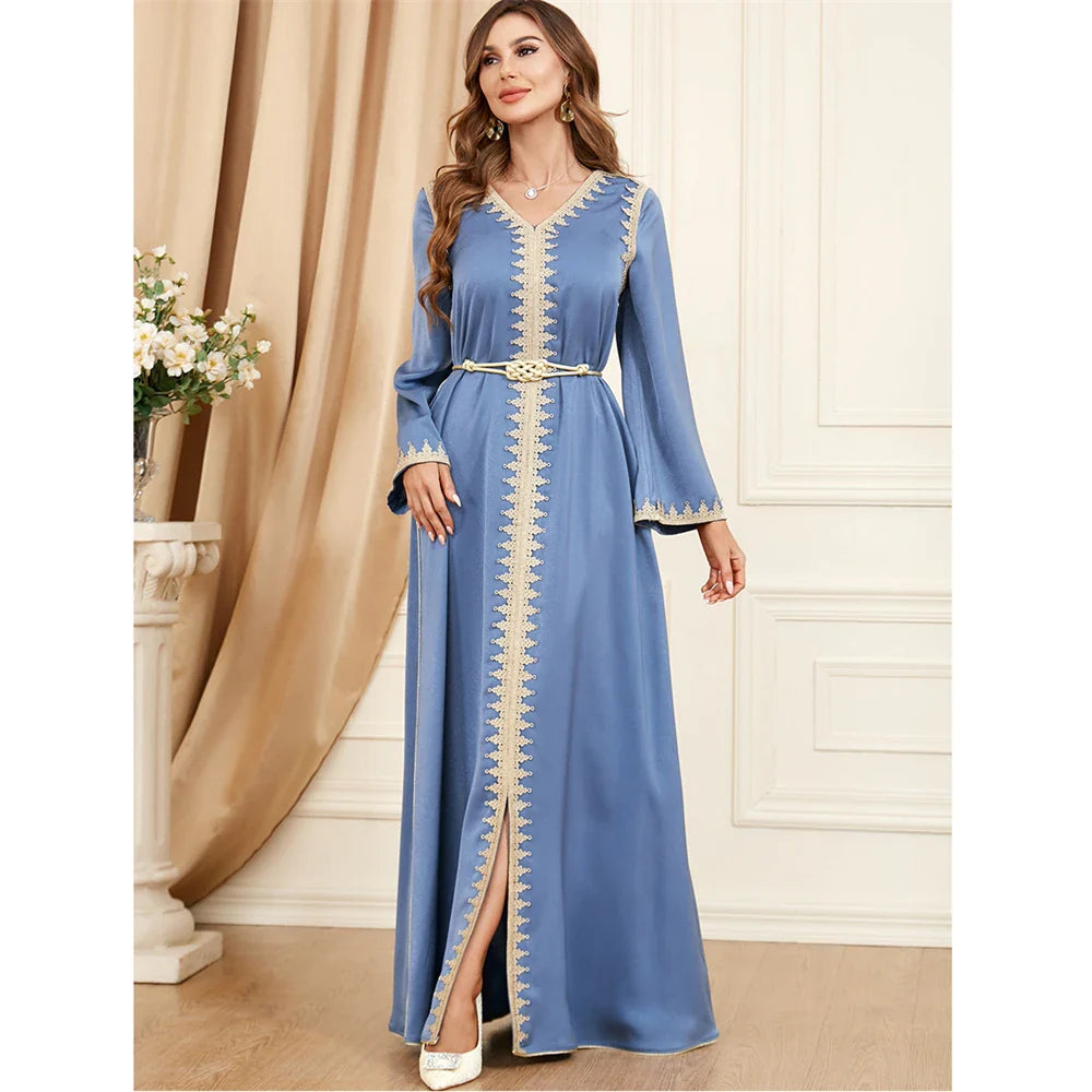 2024 Autumn Abaya for Elegant Women Muslim Gulf Jalabiya Split Hem Maxi Dress Turkey Eid Party Kaftan Morocco Vestido Dubai Gown 03 Blue