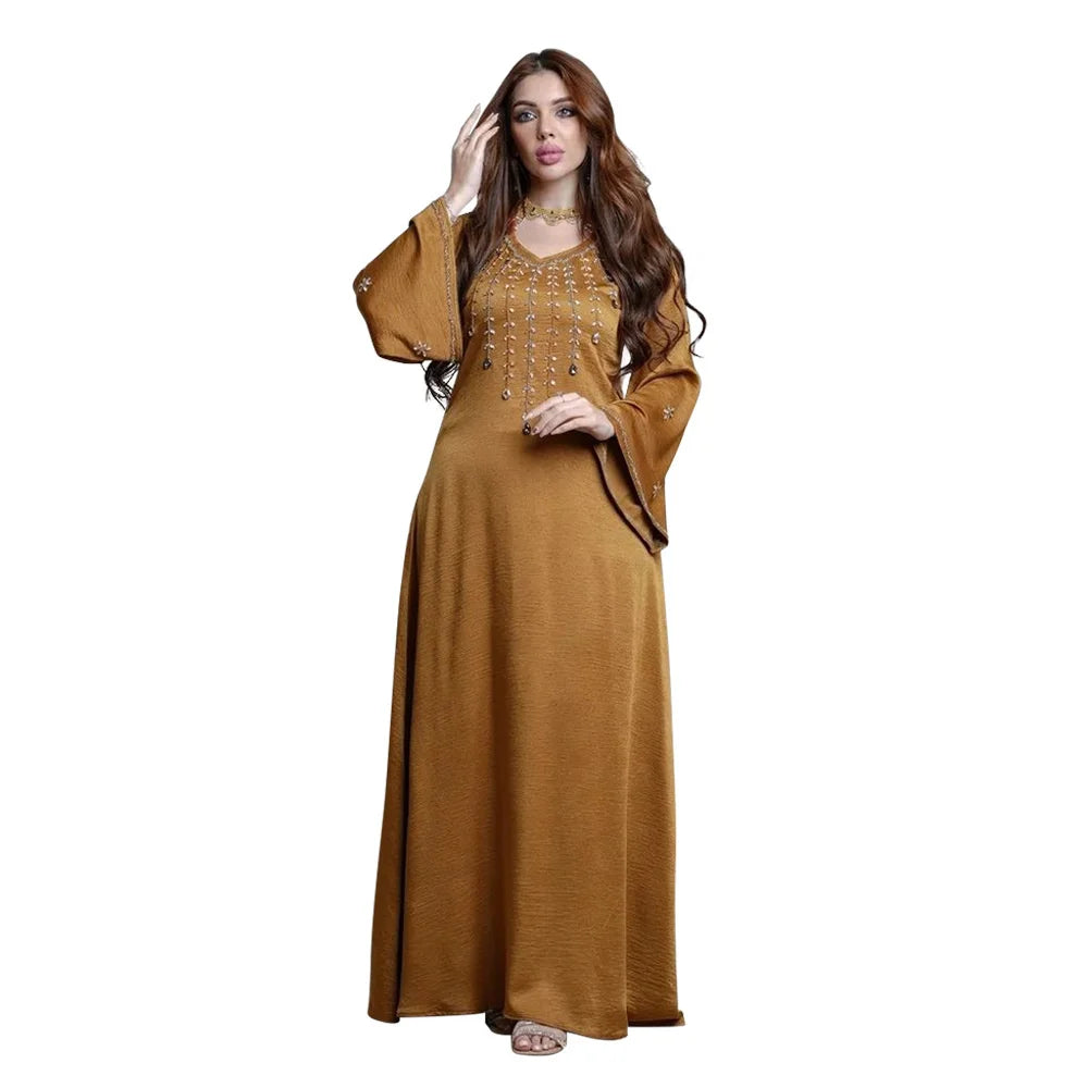 Muslin Dress Dubai Turkey New Dress Flare Sleeve With Diamond V-neck Loose Robe Ramadan Middle East Long Dress Elegant Evening Yellow