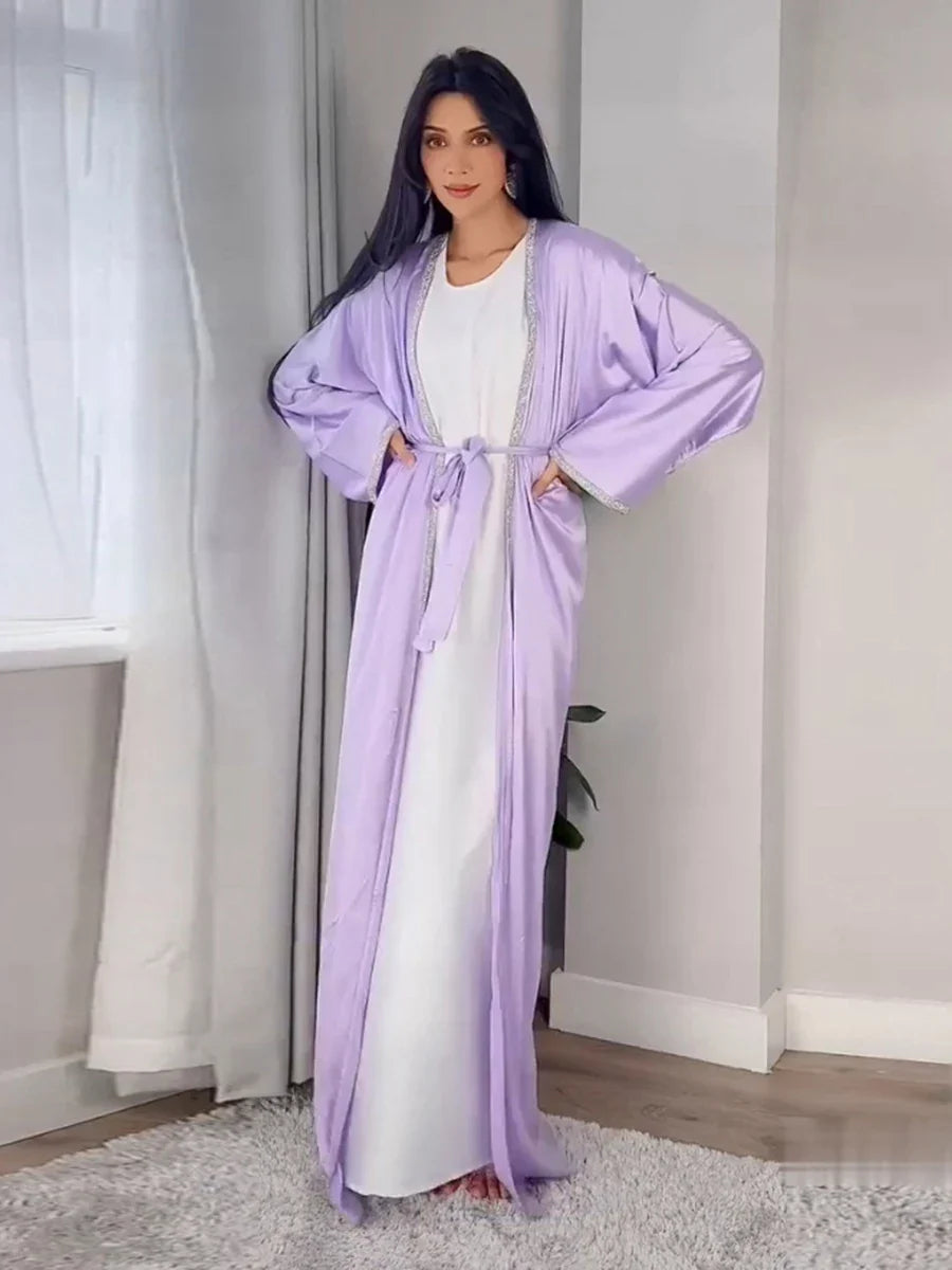 Open Kimono Dubai Abaya Chic Diamonds Solid Full Sleeve Cardigan Belted Clothing Elegant Casual Moroccan Women Caftan Light Purple Abaya