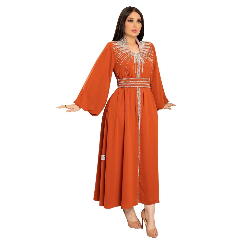 Turkish Abaya For Women Arabian Gown Moroccan Caftan Royal Women Fashion Hot Diamond Chiffon Dress With Belt Elegant V-neck orange