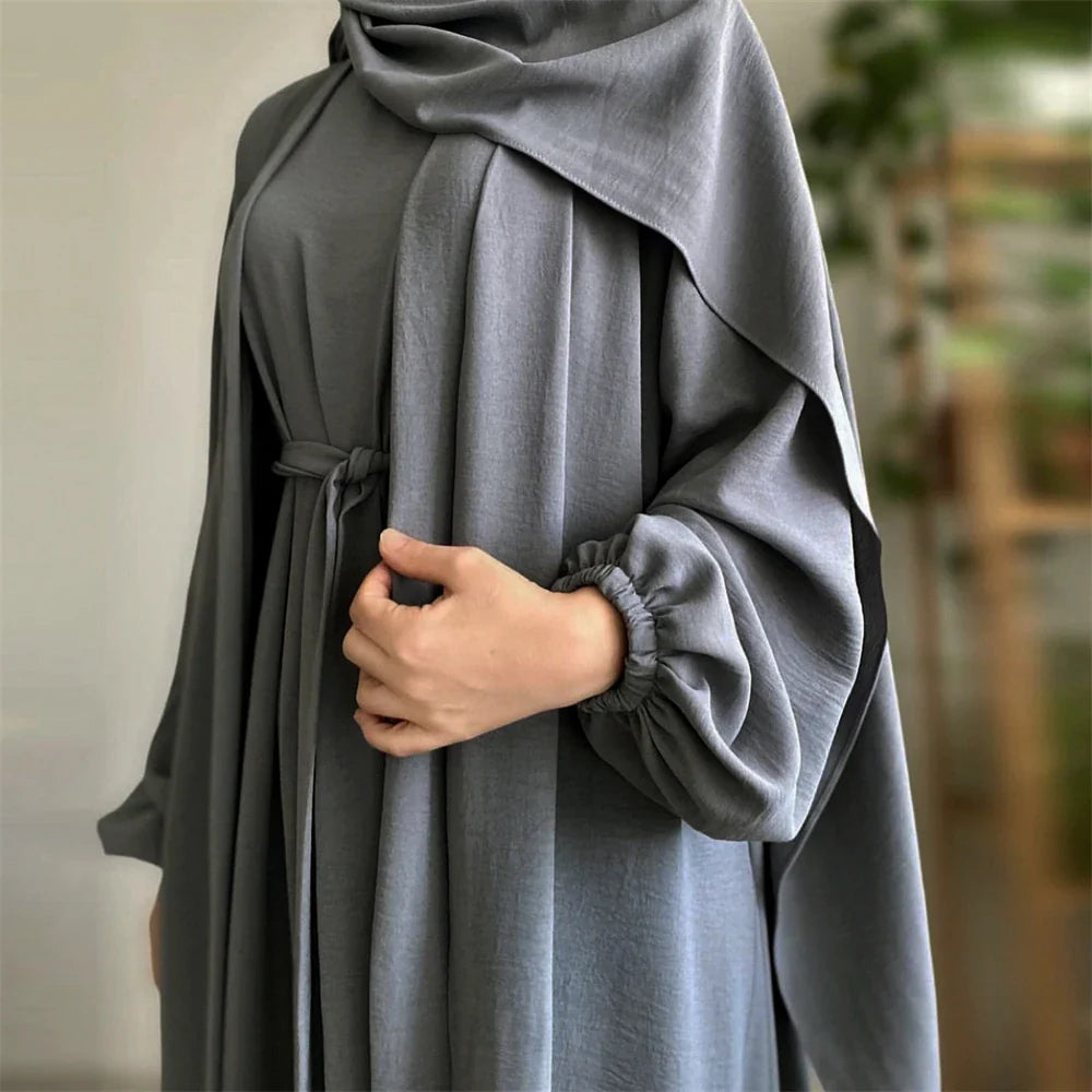 Eid Ramadan Muslim Women Open Abaya Kimono Inner Maxi Dress Hijab Sets 2/3 Pieces Dubai Islamic Arab Robe Kaftan Jalabiya Caftan 03 Dark Gray 2pcs