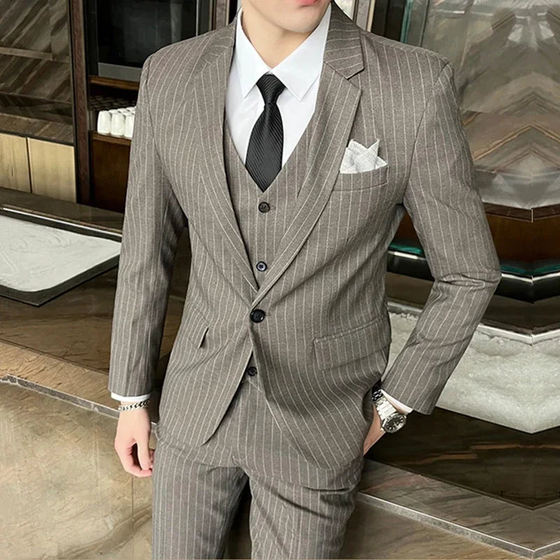 Suit Jacket Vest Pants 3 Pcs Set / 2023 Fashion New Men's Casual Business Solid Color Slim Fits Blazers Coat Trousers Waistcoat coffee