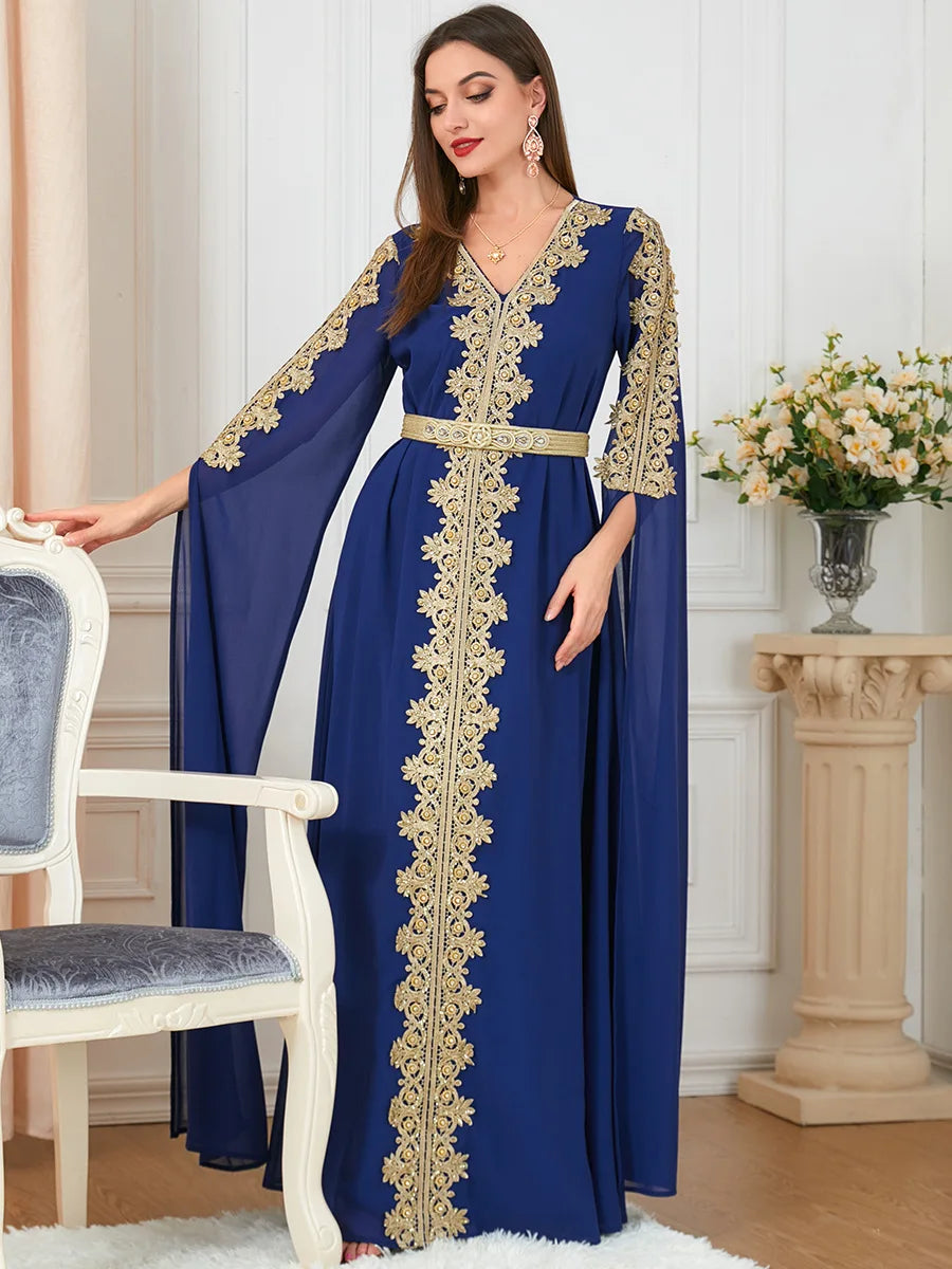 Evening Dresses Long Luxury 2022 Floral Embroidery Lace Panel Belted Chiffon Dress Moroccan Caftan Woman Robe Turkey Abayat Royal Blue Abaya