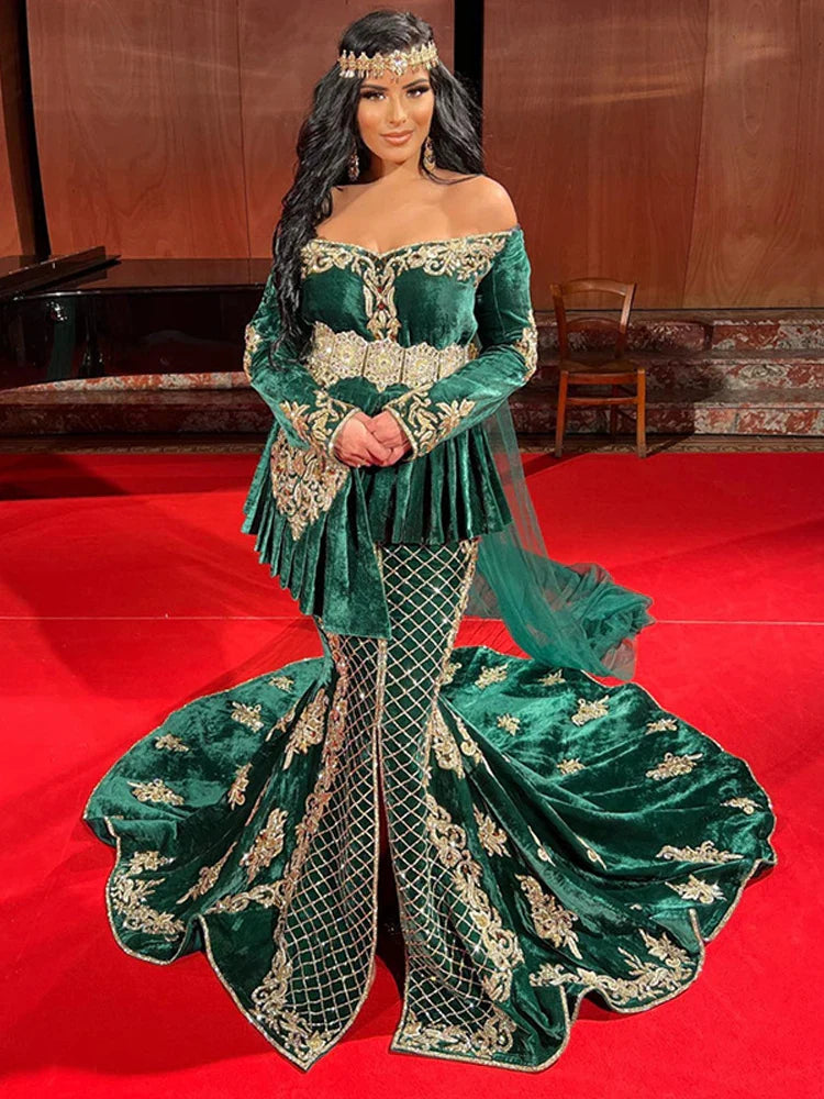 Caftan Evening Dress Hunter Green Mermaid Prom Dresses Off The Shoulder Velvet Long Sleeve Evening Formal Party Dress as photos