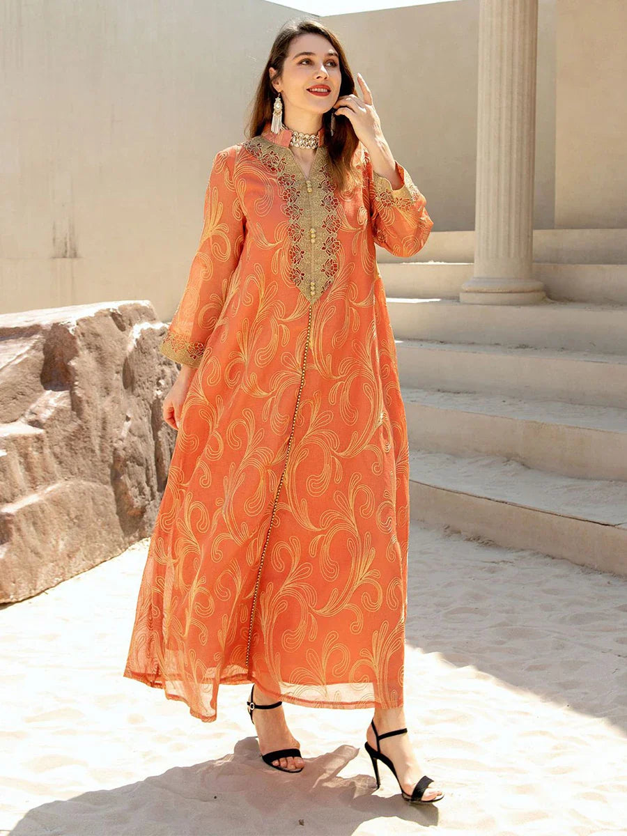 Arab Floral Embroidery Long Sleeve Lace Tape Notched V-Neck Casual Abaya Moroccan Caftan For Women Djellaba Dubai Dress Orange Dress