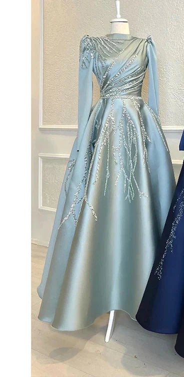 Navy Satin Beaded Long Sleeve Muslim Evening Dresses Moroccan Caftan High Neck Formal Party Ball Gowns Robe De Soiree Photo color 1 Floor Length