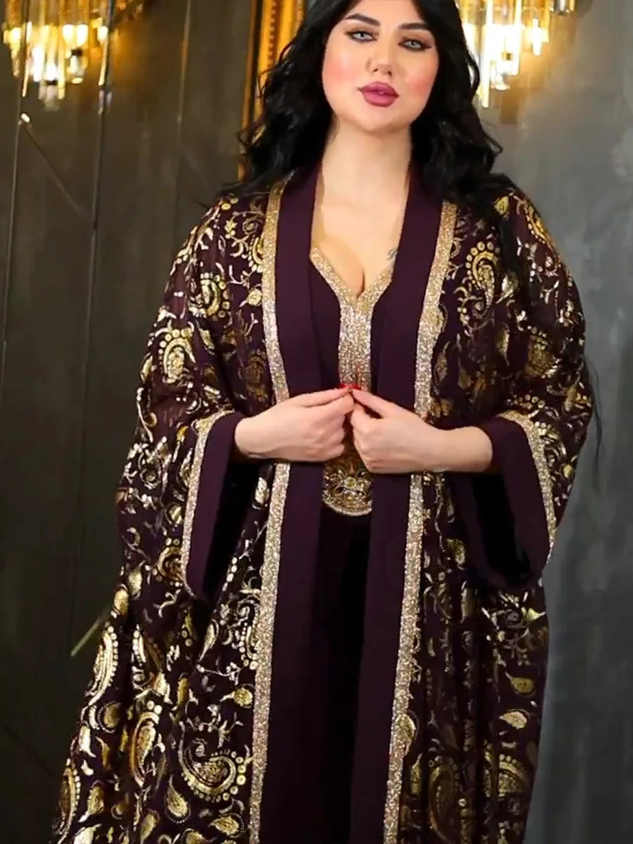 Muslim Eid Al-Adha Fashion Two Piece Gold Stamping V-Neck Abaya And Vest Long Dress Overgarments Arabic Clothing For Women Purple Dress