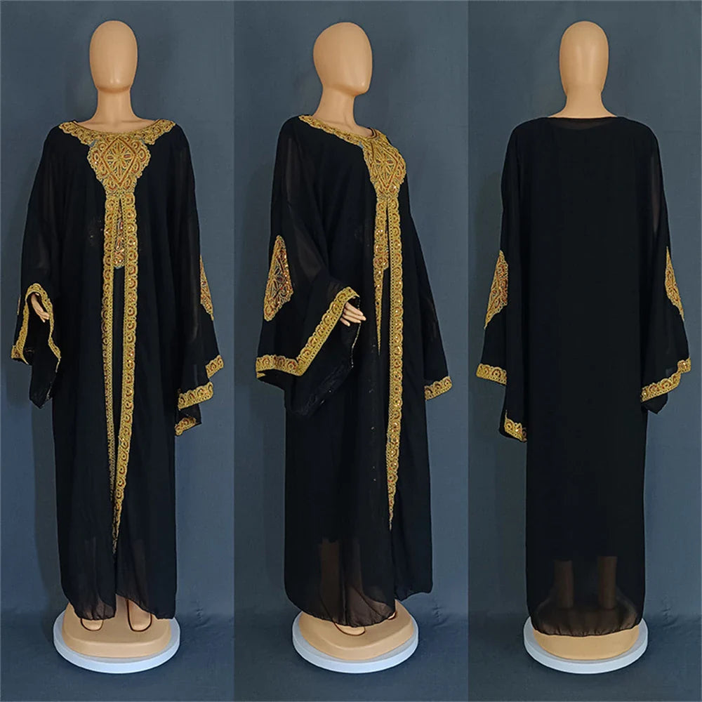 Two Piece Set Dress African Dresses for Women 2024 Traditional Gold Embroidery Clothing Islam Kaftan Abaya Musulman Robe Femme 02 Black One Size