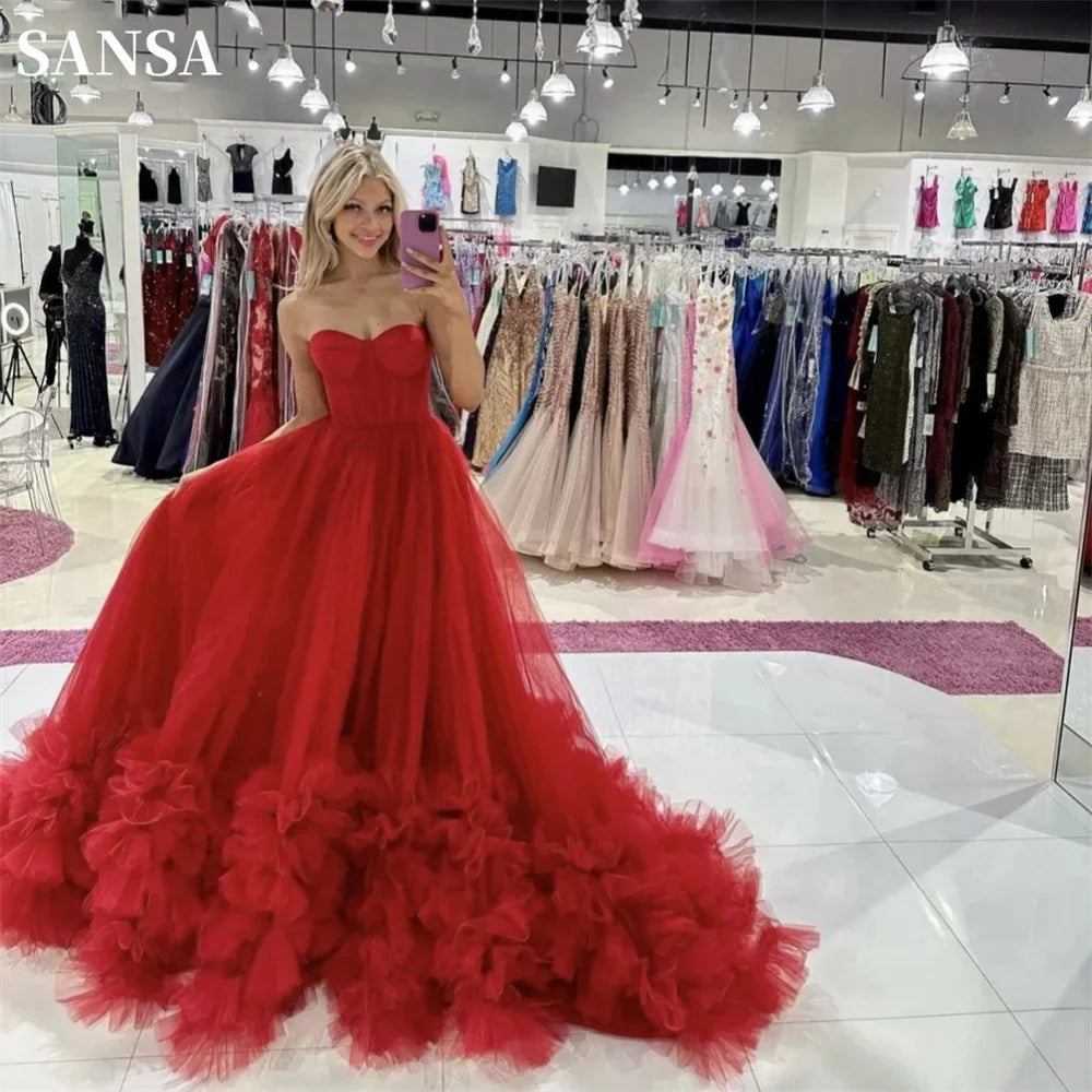 Princess Red Prom Dress Sweetheart Ball Gown Vestidos De Noche Multilayer Puffy Prom Dress Sleeveless Weddding Dress