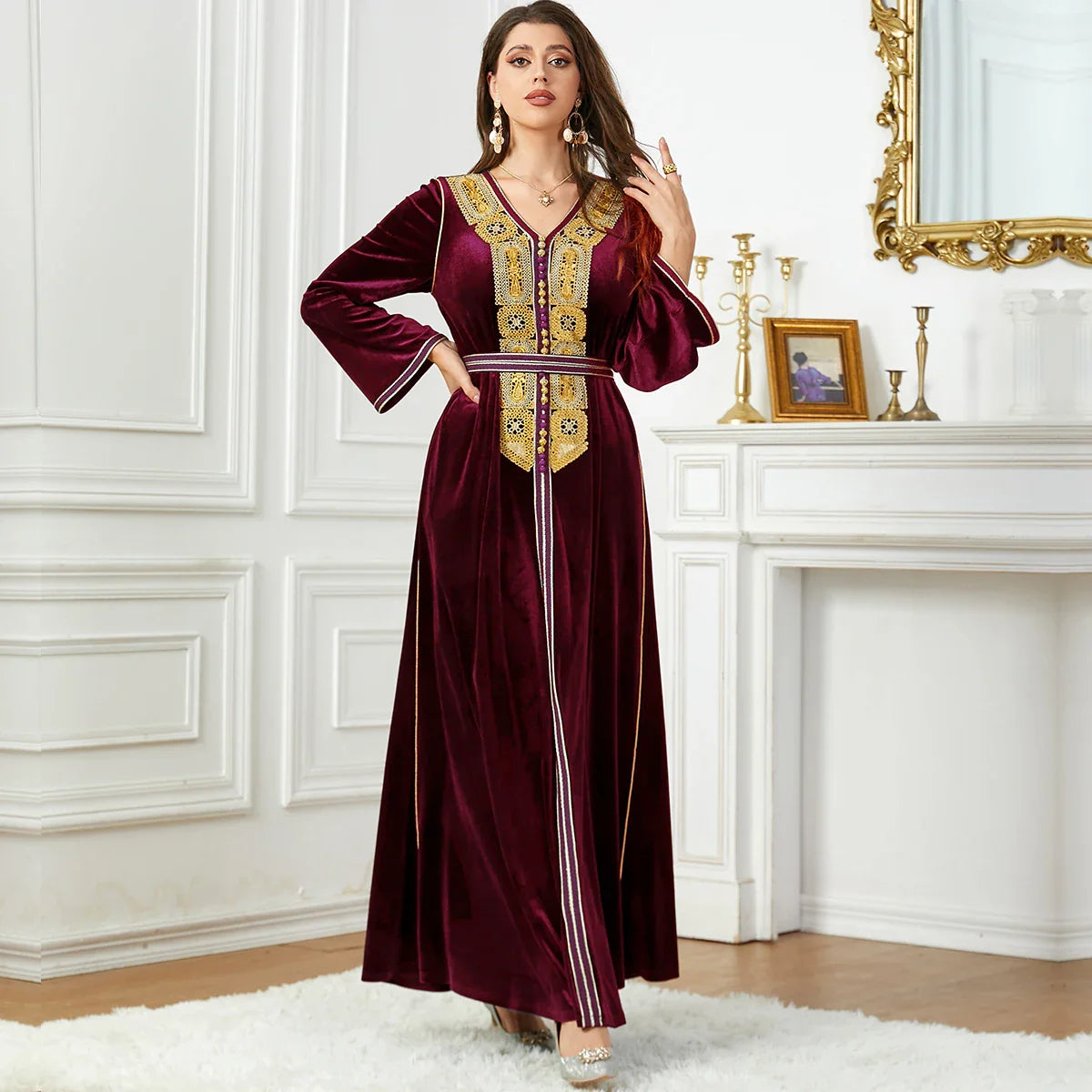 Velour Winter Abaya Gold Appliques Moroccan Caftan Casual Dubai Belted Arabic Dress Islamic Clothing Muslim Women Ramadan Eid Burgundy