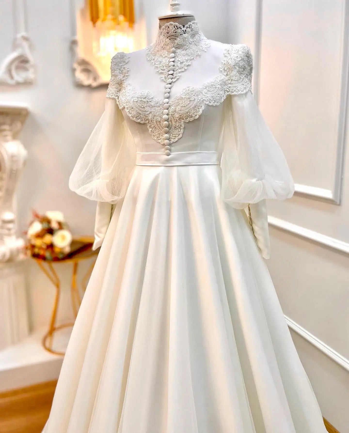 Lace Robe De Mariée Princesse Muslim Wedding Gowns for Women Bride High Neck Turkey Bridal Wedding Dress with Puffy Sleeves WHITE