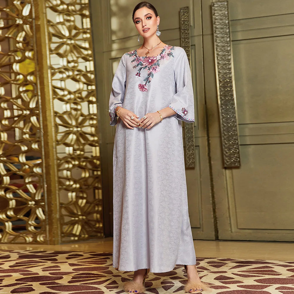 Elegant Caftan Women Lace Embroidery Muslim Abaya Maxi Dress Dubai Turkey Arabic Kaftan Islam Moroccan Party Evening Gown Kaftan ESC115Purple Gray