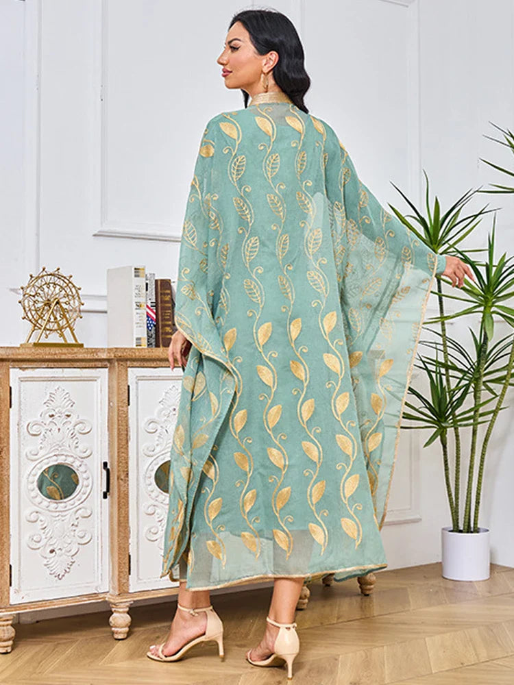 Leaf Embroidered Moroccan Kaftan Dress Dubai Kuwaiti Jalabiya Evening Party Islamic Caftan 2 Piece Set Ramadan Eid Muslim Abaya