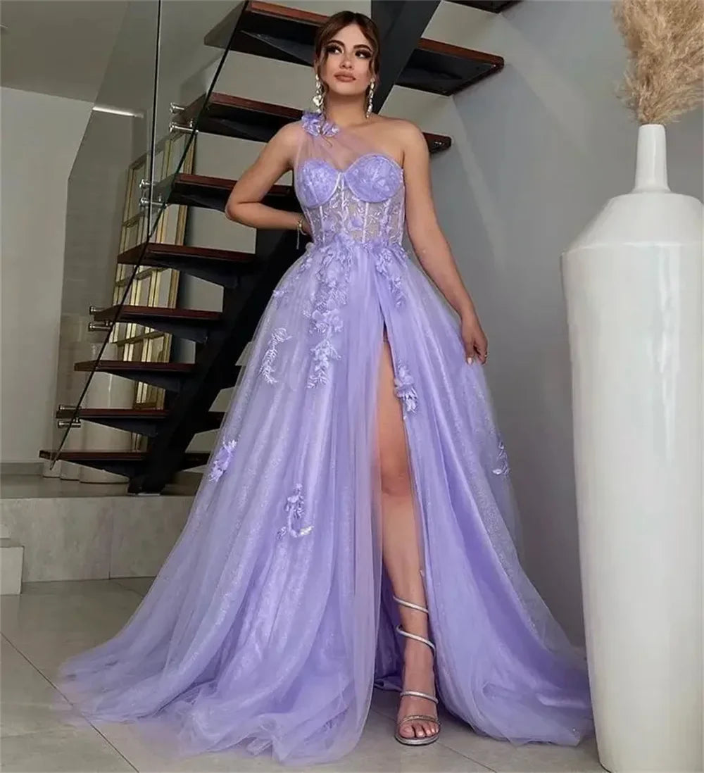 Lavender Tulle Prom Dresses One Shoulder A-line Wedding Dress Elegant Sleeveless Floor-Length Split Vestidos De Fiesta as pic