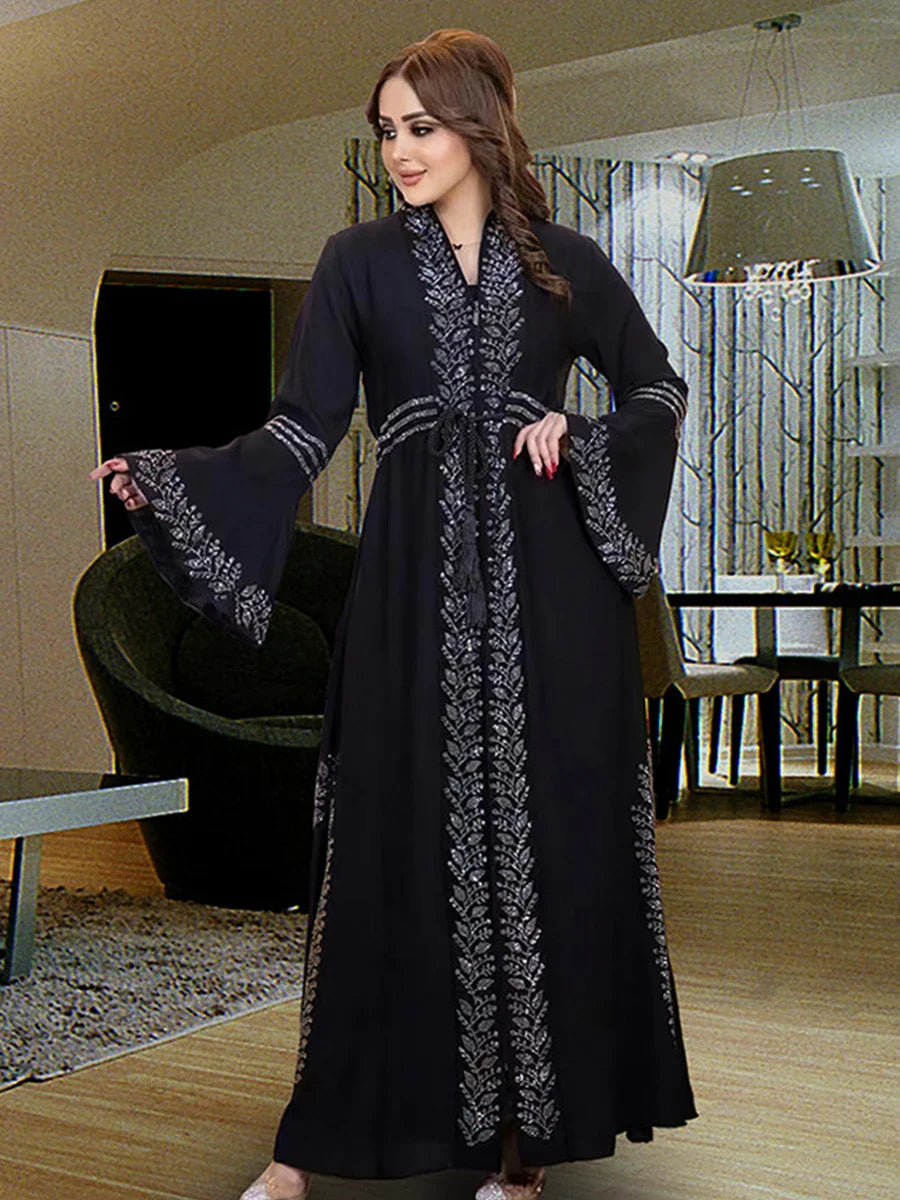 Muslim Ramadan Eid Arab Ethnic Modest Plus Size Zippers Diamonds Women Abaya With Sashes Moroccan Bangladesh Outfits Black Robe