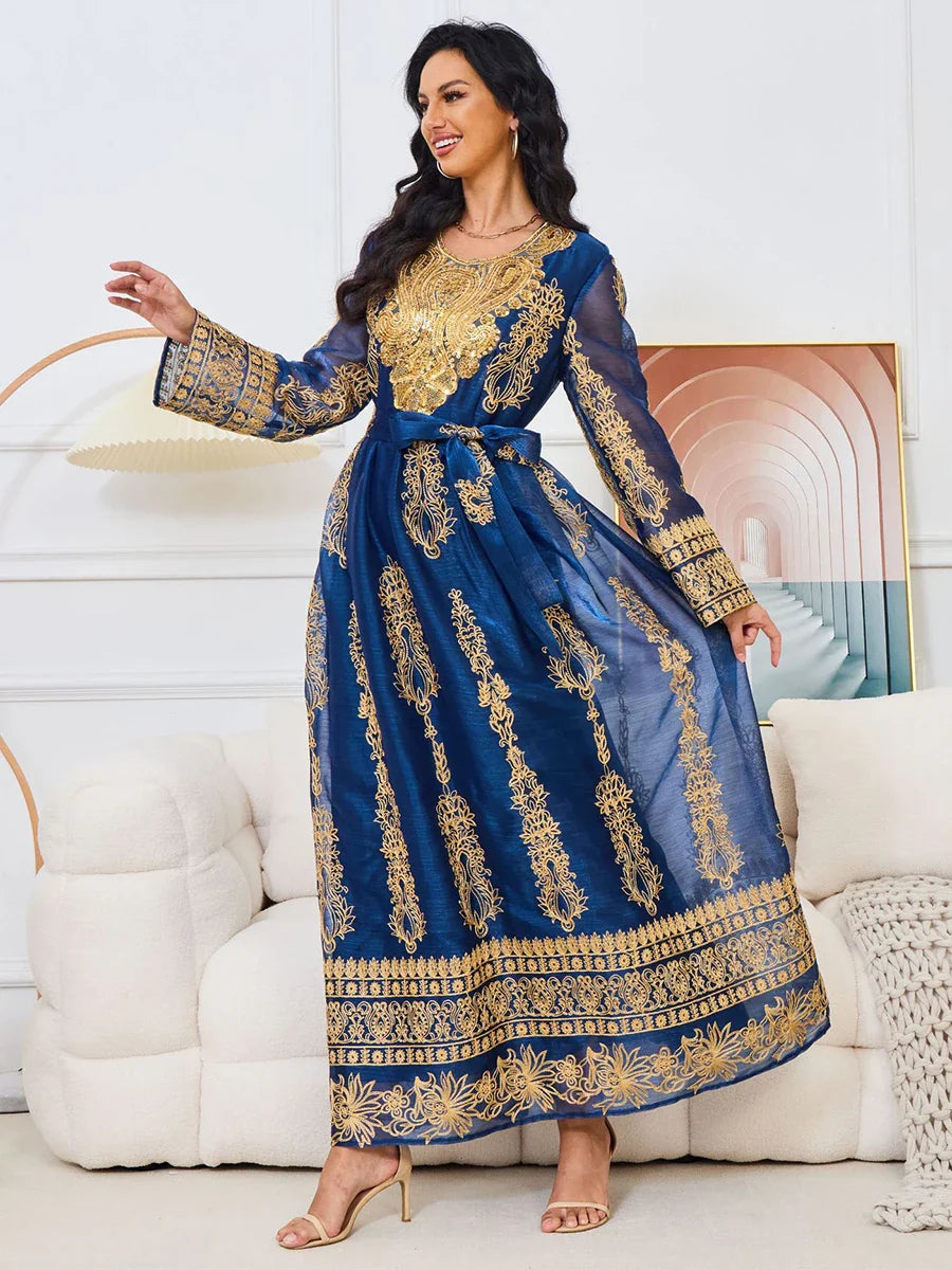 Blue Fashion Sequins Embroidery Muslim Woman Oriental Dress With Sashes Moroccan Turkish Women Elegant Party Gown Blue Dress