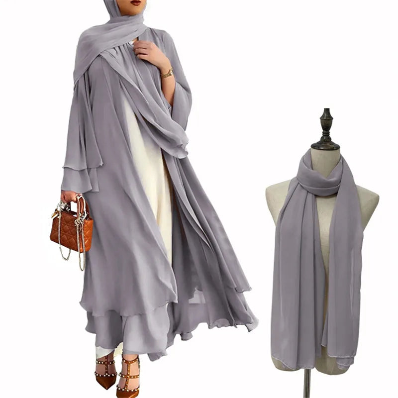 Muslim Women Abaya Long Maxi Dress Dubai Beads Kimono Turkish Open Cardigan Clothing Islam Ramadan Robe Eid Middle East Jalabiya EYA027-9Gray