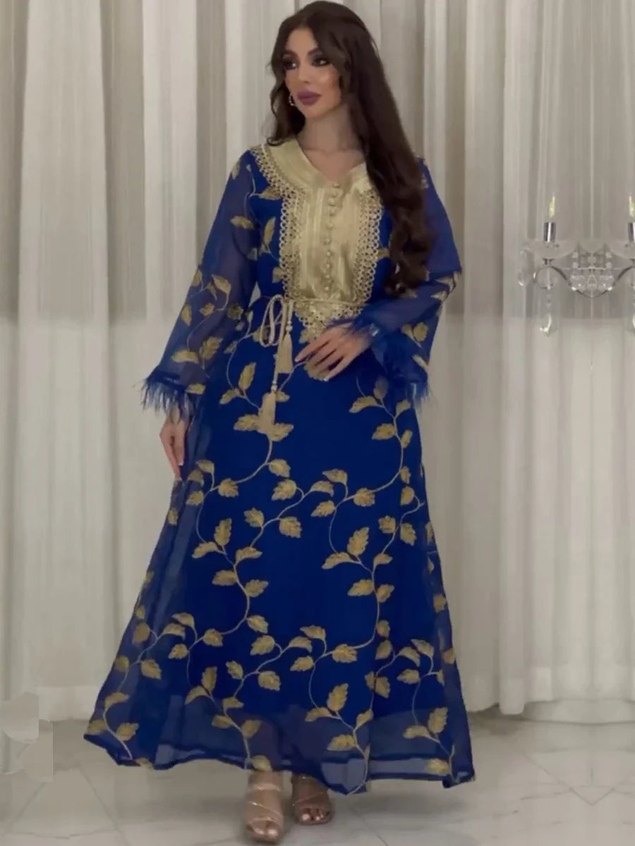 Fashion Women's Galabiyat Chic Appliques Feathers Patchwork Full Sleeve V-Neck Sashes Elegant Muslim Dresses For Female Blue Dress