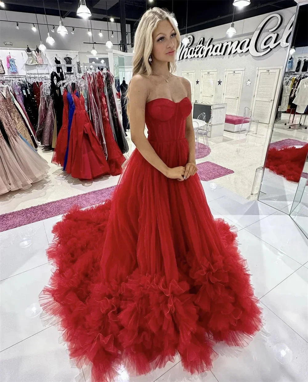 Princess Red Prom Dress Sweetheart Ball Gown Vestidos De Noche Multilayer Puffy Prom Dress Sleeveless Weddding Dress