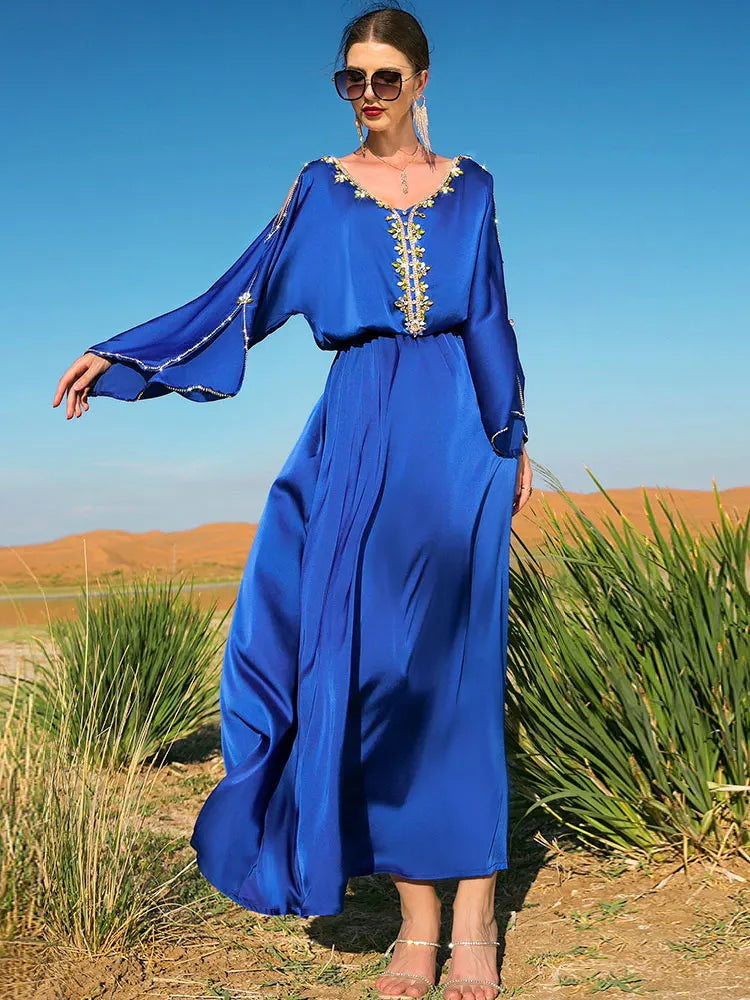 Morrocan Kaftan Evening Dresses Women Luxry Rhinestones Elastic Waist Muslim Long Dress Gulf Jalaabiya Arabian Party Abaya Blue blue kaftan