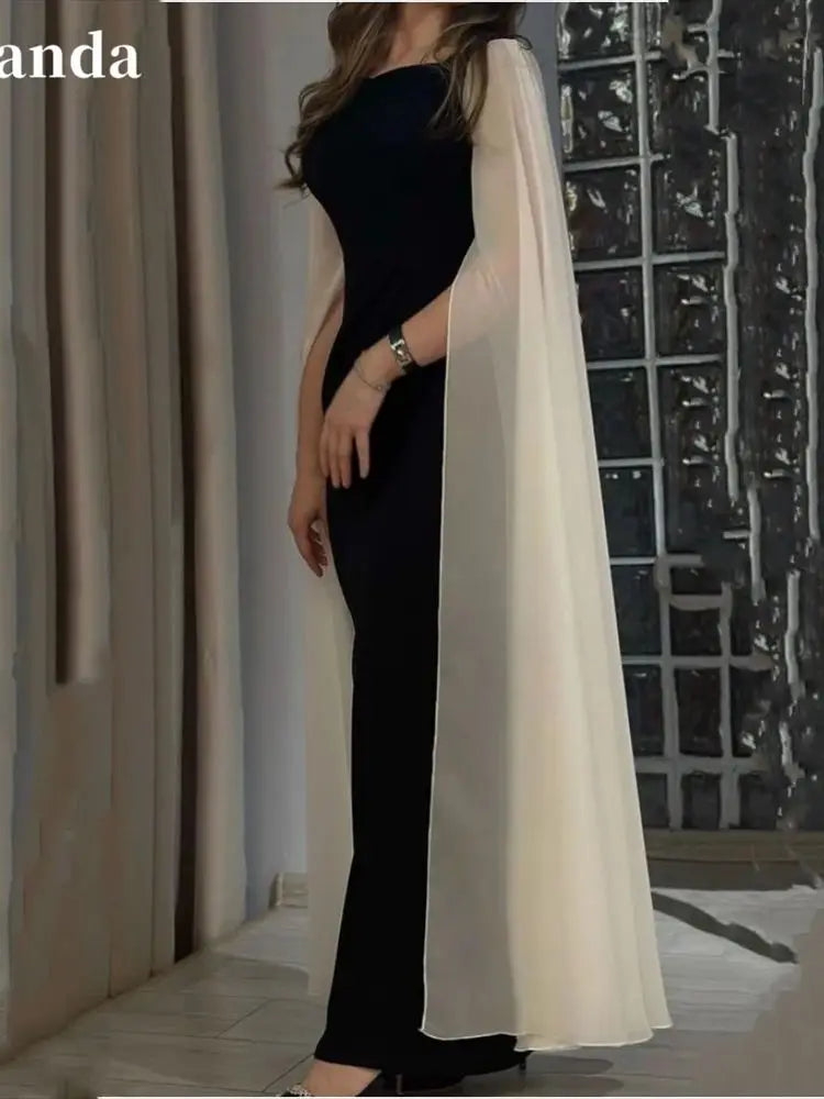 Elegant Champagne Cape Sleeve Mermaid Evening Dress Black Trumpet Prom Dress Gentle Party Dress فساتين مناسبة رسمية as pic