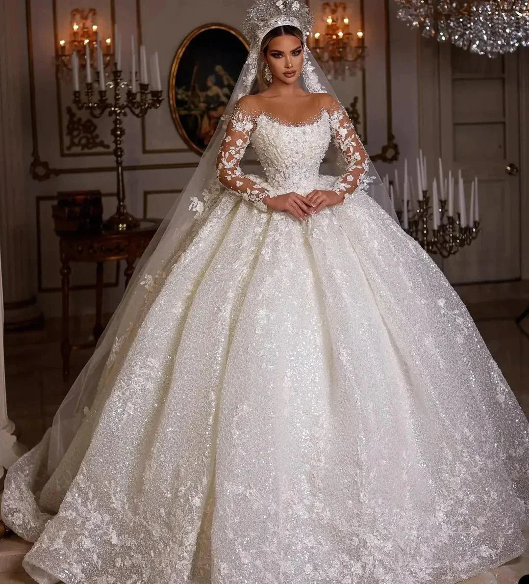 Princess Wedding Dresses Vintage Lace Up Ball Gowns Beading Bridal Shinny Tulle Long Sleeves Elegant Luxury Marriage Dress As Pics