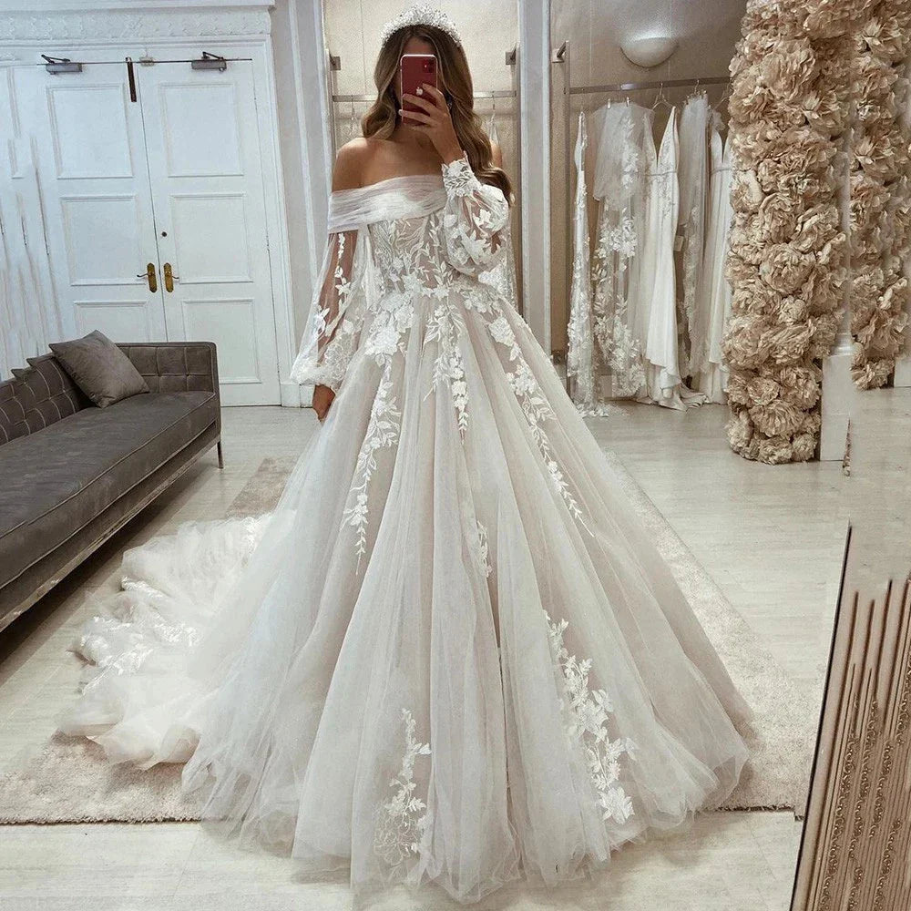 Exquisite Lace Off The Shoulder Wedding Dresses A Line Appliques Long Sleeves Princess Boho Bridal Gowns Vestidos De Novia As Pics