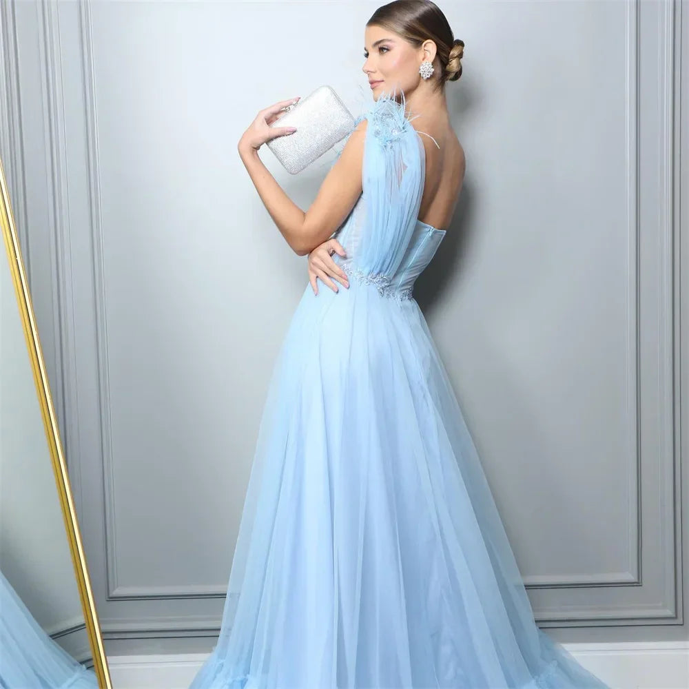 Light Blue One Shoulder Prom Dresses Feathers A-line Vestidos De Fiesta Sleeveless Lace Embroidery Tulle Party Dress