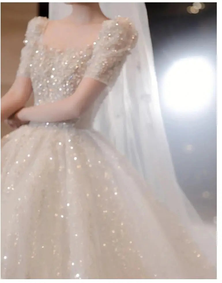 Short Sleeve Beading Wedding Dress New Luxury Big Train Bride Dresses Tuller Ball Gown Wedding Dresses Vestido De Noiva