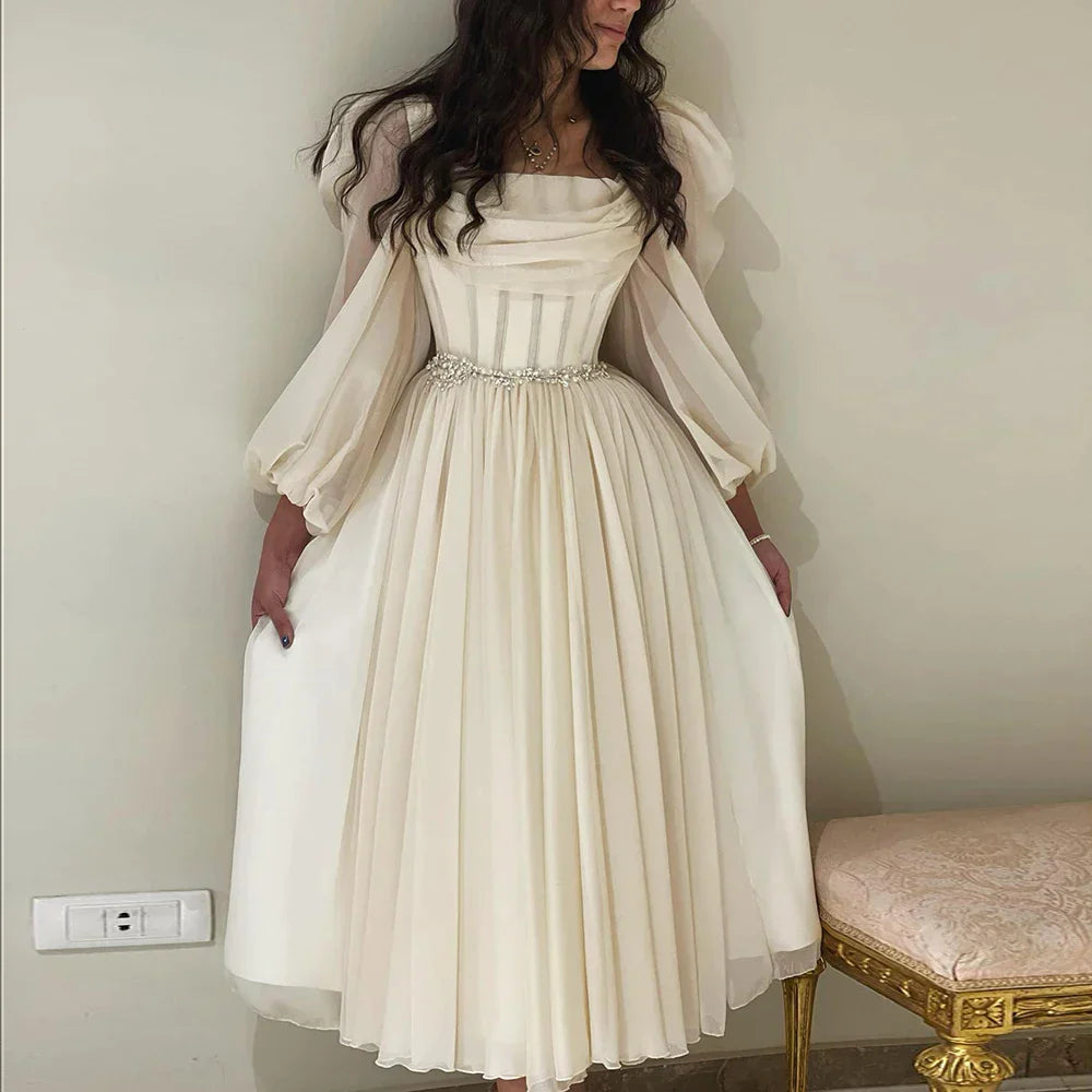 Beige Short Midi Arabic Evening Dress with Belt Long Sleeves Tea Length Women Formal Wedding Party Gowns SS393