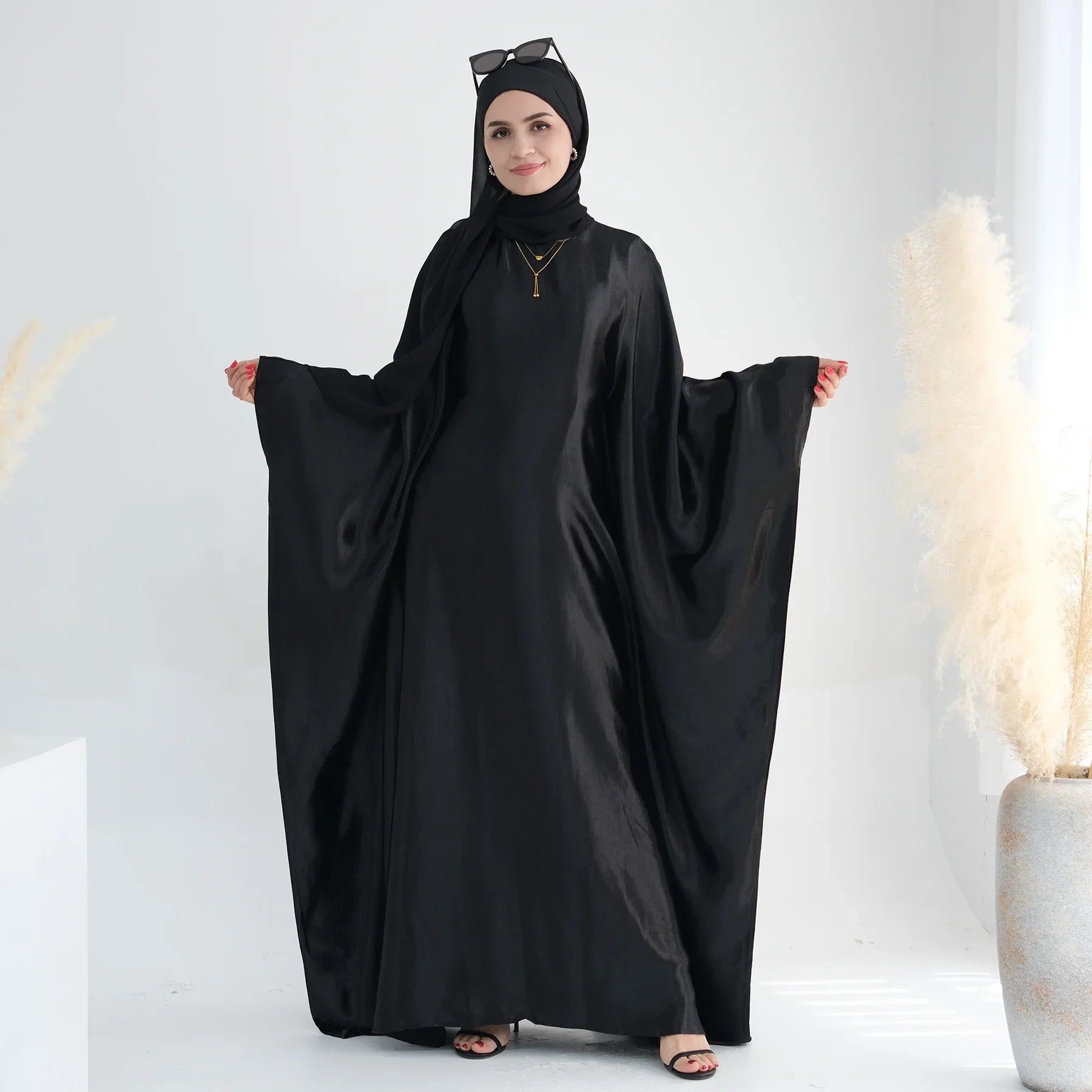 Kaftan Dubai Luxury Shiny Satin Evening Party Abaya Dress Muslim Women Islamic Clothing Caftan Turkish Ramadan Eid Moroccan Black and Scarf