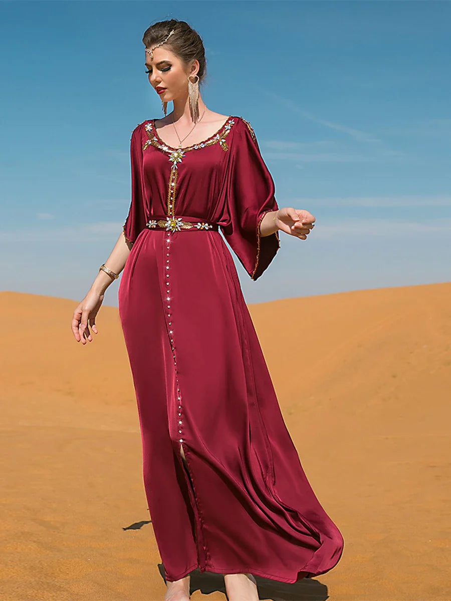 Evening Party Dresses Handsewn Diamonds Off The Shoulders Belted Abayas Moroccan Saudi Women Kaftan Islamic Clothing Burgundy Dress